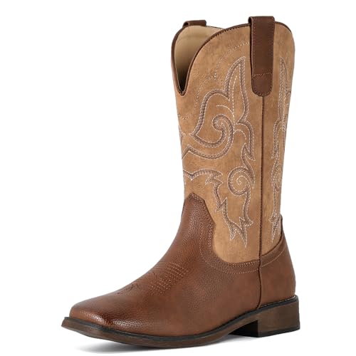 Image of Cowboy Boots For Women Square Toe Cowgirl Wide Mid Calf Western Boots | Comfortable, Pull-on, Colorful Embroidered, Vintage-modern, Stylish for Daily Life and Outdoor Adventures.