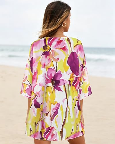 Image of Women's Floral Print Puff Sleeve Kimono Cardigan Loose Cover Up Casual Blouse Tops 2026