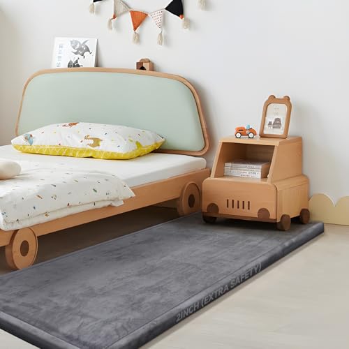 Image of Huloo Sleep 2 inch Thick Play Mat for Babies Toddlers, Dark Gray, 28 inchx72 inch | Extra Safety Anti-Fall Cushion Mat, Non-Slip, Water-Repellent Coral Velvet, Bedside Rug for Kids Room