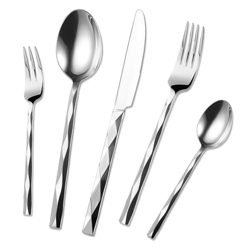 Silverware Set for 4, 20-Piece Stainless Steel with Intricate Diamond Cut Detail Perfect for Everyday Dining, Weddings and Celebrations, Mirror-Polished Shine, Dishwasher Safe