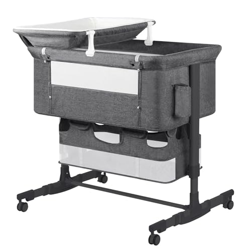 Image of UNISWAN Baby Bassinet Bedside Sleeper with Diaper Changing Station + Mosquito Net + 16gallon Capacity Storage, Adjustable & Portable Bassinet Cosleeping Baby Bed (Black Grey)