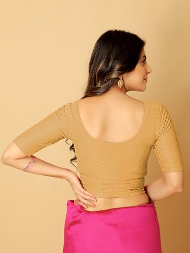 Image of Amazon Brand - Anarva Round Neck Dobby Cotton Lycra Stretchable Elbow Half Sleeve Readymade Saree Blouse for Women Stylish