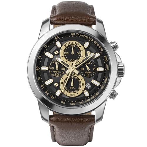 Image of PINDOWS Watch for Men Black Brown Leather Sport Multifunction Chronograph Watches Big Dial Fashion Quartz Wristwatches