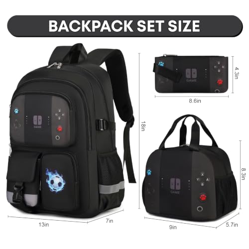 Image of 3PCS Boys Backpack for School Kids Schoolbag Teens Book Bag | Teen Boys Elementary Middle School Backpack College Student Bookbag with lunch box Children Waterproof Laptop Bag Black