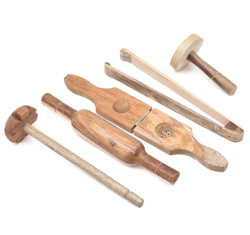 Image of Wooden Kitchen Tool Set for Cooking, Including Belan, Mathni, Dutta, Chimta, Lemon Press, Eco-Friendly Kitchenware Utensils, Durable & Easy to Clean