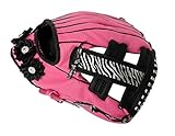 Tot Jocks Baseball, Softball and T-Ball Glove 9.5' Tee Ball Mitt Pink and Black for Girls with Rhinestone Flowers and Zebra Print Ribbon