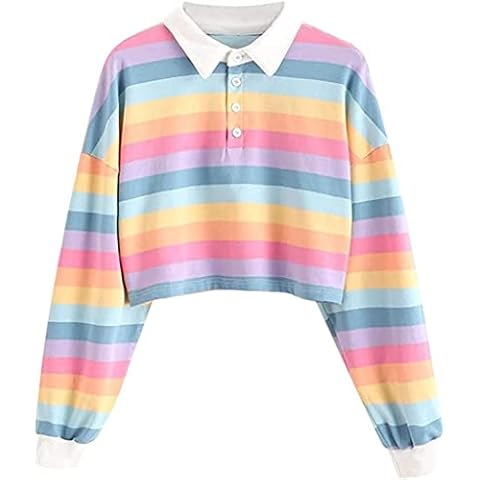 Oytto Sudadera de Rayas Arcoíris Rosa con Capucha Corta Cover