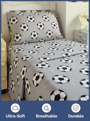 Image of Kids Twin Size Soccer Bed Sheets - 3 Piece Kids Soccer Sheet Set - Athletic Sporty Bedding - Ultra-Soft, Cute & Cozy - Breathable & Machine Washable - Grey Bed Set for Boys, Girls, Teens & Toddlers