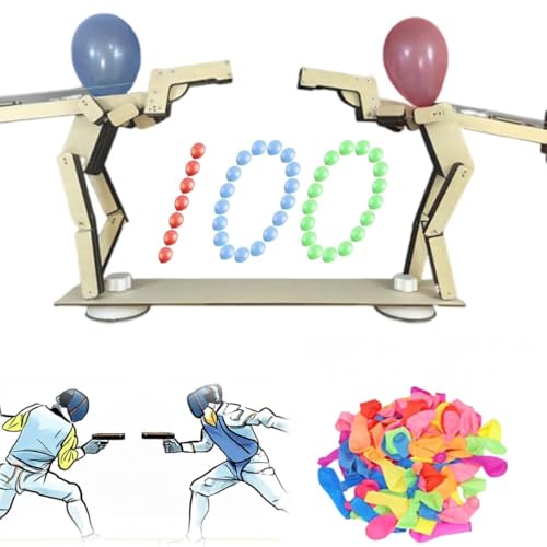 Wooden robot, DIY handmade wooden puppet balloon game, hit balloon strategy board game, bamboo battle puppet, party entertainment board game, suitable for 2 adult players (with 100 balloons)