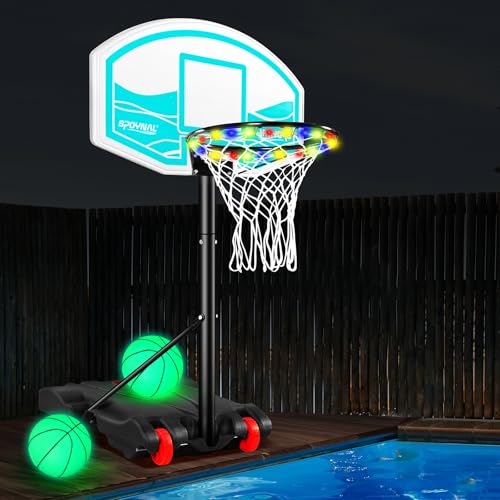 Pool Basketball Hoop 7- Height Adjustable Swimming Pool Basketball - Pool Accessories with LED Light, 2 Balls & Pump, Water Basketball Goals System, Portable Basketball Hoop