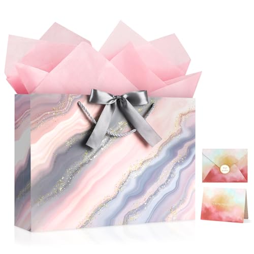 Image of JMANNI Gift Bags, Mothers Day Gift Bags with Ribbon, Portable Paper Gift Bag, Marble Pattern, for Any Occasion, Including Valentines Day Baby Shower Birthday Party Wedding Mothers Day(LP11-DLS05-L