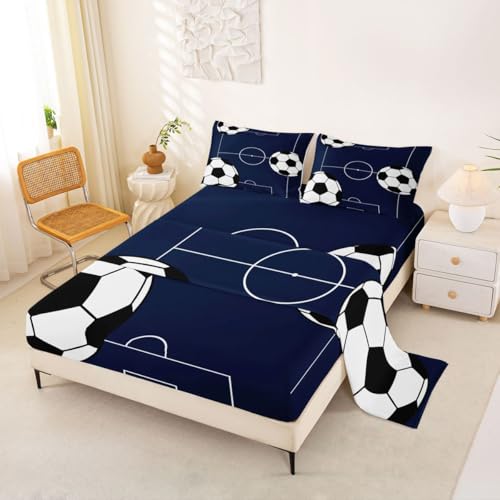 Image of Castle Fairy Dark Blue Ball Gaming Bed Sheet King Set,Kids Soccer Sports Theme Sheet Sets Adults Room Decoration,Football Bedding Set with Flat,Fitted Sheet,2 Pillow Cases