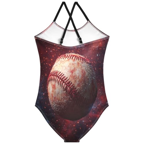 Pigsaly Girls One Piece Swimsuits Red Fire Galaxy Space Stars Red Lace Stitches Baseball Kids Cross Back Swimwear 3T2
