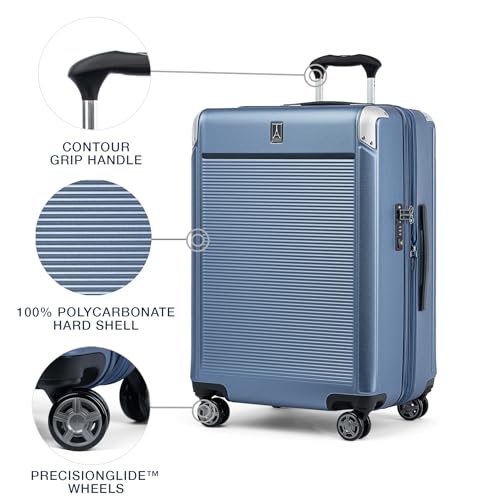 Image of Travelpro Platinum Elite Hardside Expandable Checked Luggage, 8 Wheel Spinner, TSA Lock, Hard Shell Polycarbonate Suitcase, Dark Sky Blue, Checked Medium 25-Inch