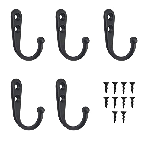 ALLY-MAGIC Coat Hooks, 5 Pcs Single Prong Robe Hooks with 10 Screws, Wall Mounted Clothes Hook Metal Robe Hooks for Kitchen Bathroom Y6-BGYG (Black)