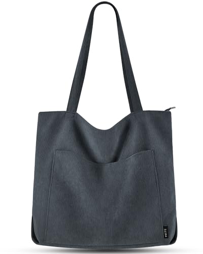 Image of Prite Corduroy Tote Bag for Women Large Shoulder Bag with Zipper and Pockets for College School Work Travel Shopping