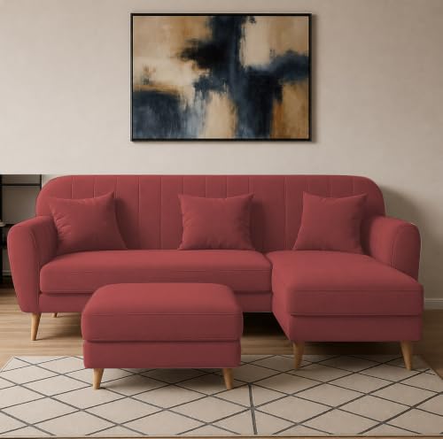Image of Atticus RHS 4 Seater L Shape Sofa Set with Ottoman for Living Room (Maroon Fabric) Premium Fabric Sofa Set