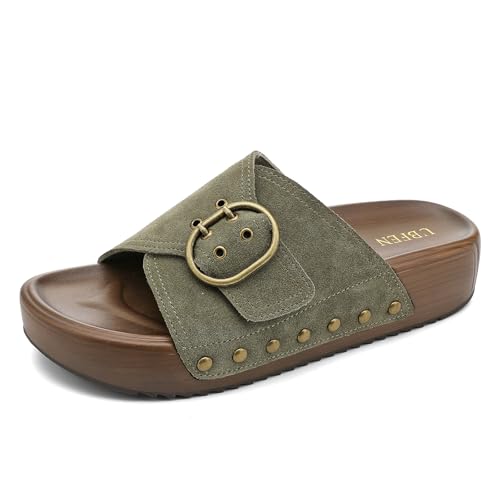 Image of UBFEN Womens Platform Slide Sandals | Real Leather,Buckle Sandals with Cushioned Flatform Footbed,Comfortable for Walking,Arch Support,Casual Styling