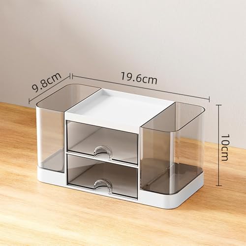 Image of Desk Organizer with 2 side Drawers & Dual Pen Holders Multipurpose Desktop Storage Box for Office Desk Study Table Makeup Vanity Stationery Holder with Transparent Top Tray(multicolor)