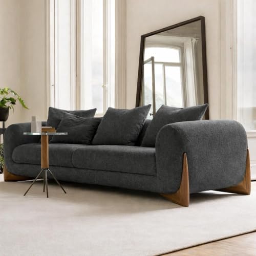 Image of Modern Sofa Chesterfield Design with Stylish Wooden Legs Bouncy Teddy Fabric Off-White Finish Sofa for Living Room, Bedroom, Hallways (3+1+Ottoman, Dark Grey)