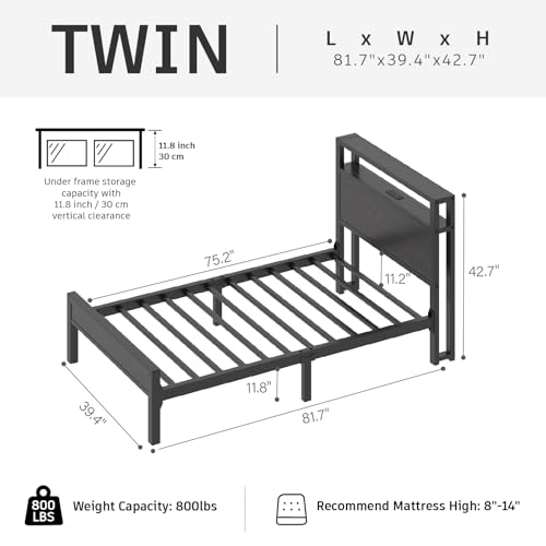 Image of E-Motie Twin Size Bed Frame with LED Lights and Charging Station, Wood Storage Headboard with 2-Tier Shelves, Heavy Duty Metal Slats, No Box Spring Need, Noise Free, Easy Assembly, Black