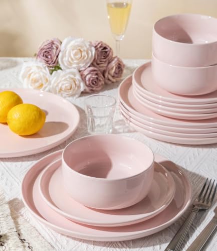Image of TheTerra Ceramic Dinnerware Set for 4, 12-Piece Plates and Bowls Set | Handmade Reactive Glaze Dish Set, Scratch Resistant, Oven & Microwave & Dishwasher Safe, Blush Pink