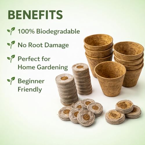 Image of Organic Seed Starter Kit (Kerala Coir) - 5 Biodegradable Coir Pots + 20 Cocopeat Pellets (35 mm) | Zero-Transplant-Shock Seedling Germination Set