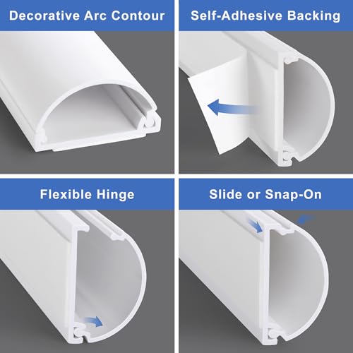 Image of ZhiYo 34in Cord Hider for 2-4 Wall-Mounted TV Wires, 1.4 inch W x 0.7 inch H, Beige | Split-Hinge Design for Easy Installation, Half-Round Glazed Finish Ideal for Wall /Baseboard, Self-Adhesive, 2 Pack (17 inch Each)