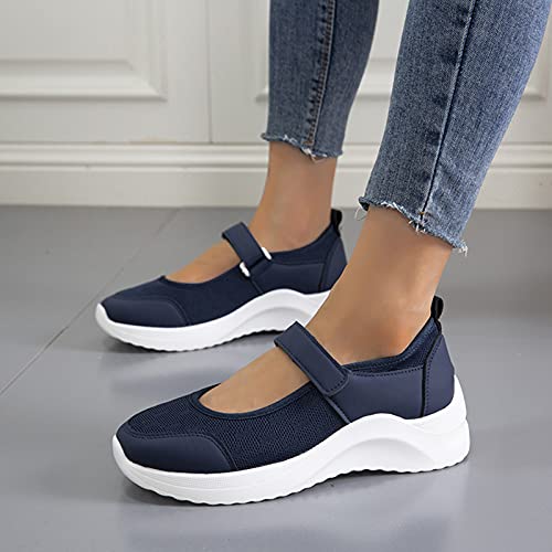 Women's Casual Walking Sneakers Lightweight Breathable Flat Mary Jane Shoes Summer Closed Toe Mesh Non-Slip Adjustable Walking Sandals,Blue,US7/EU383