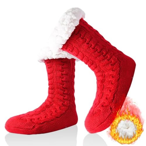 Image of Winter Warm Slipper Socks Non Slip House Socks Red Fuzzy Christmas Socks for Women