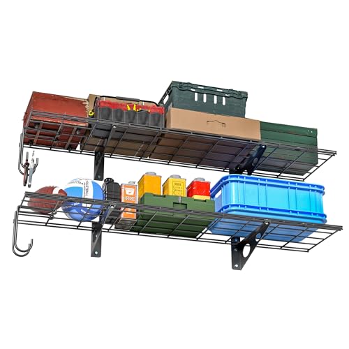 EVERHANGER-Garage-Wall-Shelves-12-X-48-Inch-Wall-Mounted-Storage-Shelves-Heavy-Duty-Metal-Shelving-with-Hooks-2-Pack-Black