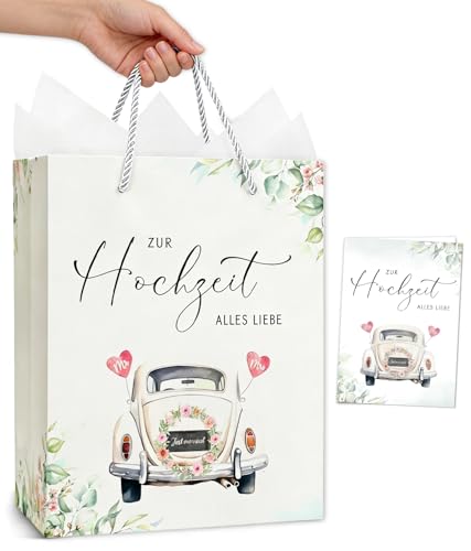 Geschenktüte Hochzeit Geschenktasche mit Hochzeitskarte Wedding Gift Bag Geschenkverpackung Papiertüten mit Henkel und Geschenkpapier Hochzeitsgeschenke für Brautpaar - ZUR Hochzeit ALLES LIEBE