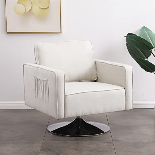 Ssline Large Linen Fabric Swivel Accent Chair Armchair Modern Upholstered Lounge Chair For Living Room Heavy Duty Single Sofa Barrel Club Chair With 360° Swivel Stainless Steel Round Base (Beige) #TOP15