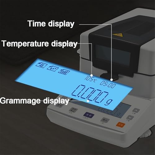 Analizzatore di umidità alogeno, capacità 110 g, gamma di riscaldamento 40-199 °C, timer da 1 a 99 min, per laboratori alimentari, cereali, suolo, prodotti chimici e farmaceutici