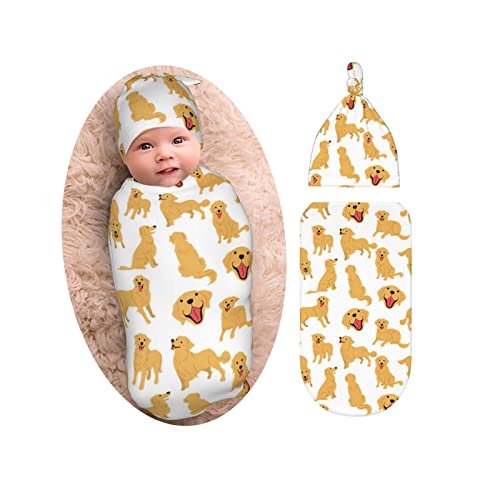 Image of Golden Retriever Dogs Baby Stuff Newborn Swaddle Blanket with Beanie Set, Soft and Stretchy Baby Blanket Swaddle Wraps Sack for Boy and Girl