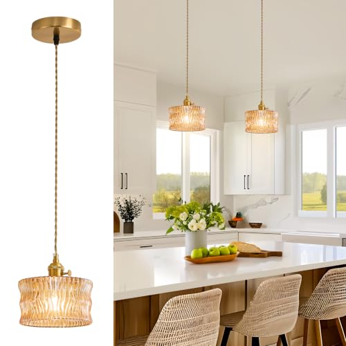 Image of Glass Pendant Lights Kitchen Island,Amber Pendant Lighting Fixtures,Modern Adjustable Hight Chandelier Farmhouse Hanging Ceiling Lighting for Dining Room Hallway,Bedroom Foyer 1 Pack