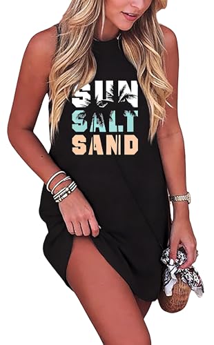 Image of Sun Salt Sand Coconut Tree Tank Mini Dress for Women Sleeveless Beach Praty Shirts Summer Vacation Short Mini Dresses