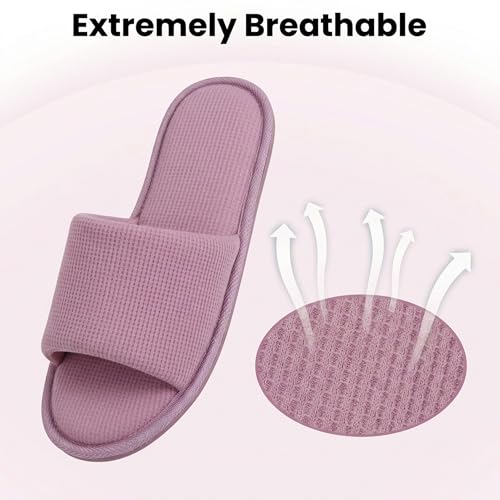 Image of Women's Open Toe House Slippers - Breathable Waffle Fabric, Memory Foam Cushioning, Slip-On Summer Indoor Slippers, Non-Slip TPR Sole, Easy Care
