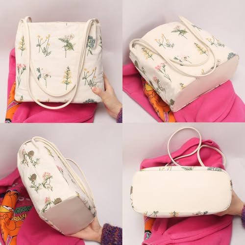 Image of Floral Canvas Purse for Women, Embroidered Handbag with Pu Handle, Small Summer Daily Tote Bag for Shopping Work Gym | cotton canvas