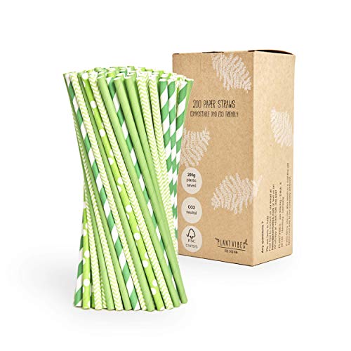 Plantvibes Strohhalme, Trinkhalme mit Bio-Beschichtung, wasserresistent & farbecht, 100% kompostierbar & CO2 neutral, lebensmittelechte Einweg-Strohhalme, frei von Plastik (Grün (200 Stück)) Cover