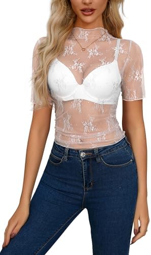 AISEW Womens Mesh Sheer Long Sleeve Crop Tops Mock Neck Sexy See ...