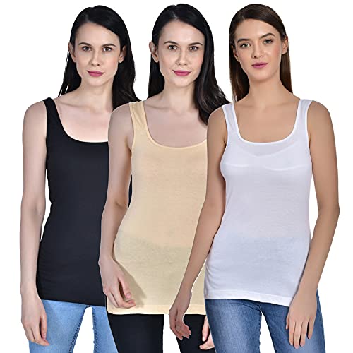 Image of Women's Regular Fit Sleeveless Cotton Long Camisole Slip Spaghetti Combo Pack of 3