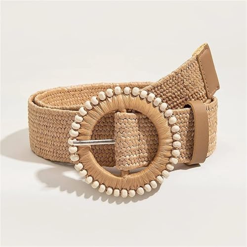 Straw Boho Belt Women Round Buckle Straw Belt for Beach Ellipse Buckle Bead Decor(107cm,Khaki)2