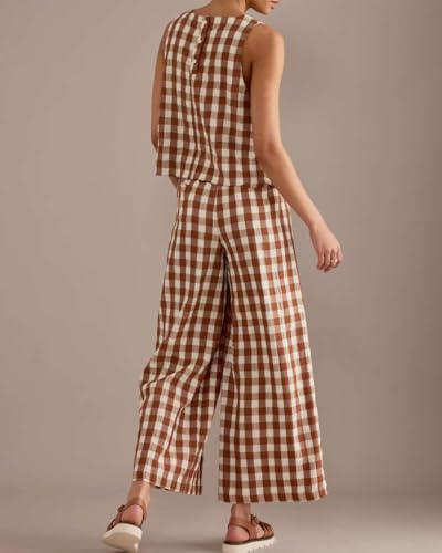 Women 2 Piece Outfits Cotton Gingham Pajama Set Y2K Plaid Sleeveless Top Wide Leg Pants Lounge Matching Set S-XXL4