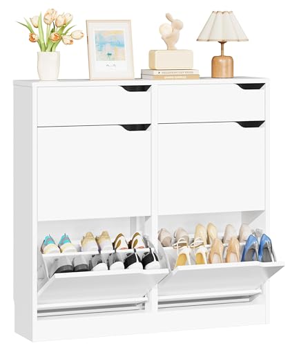 IRONCK Meuble à Chaussures avec 2 Tiroir, Armoire à Chaussures avec 4 Battants Séparateur Réglables, 16 à 28 Paires, Étagère de Rangement Chaussure Bois...