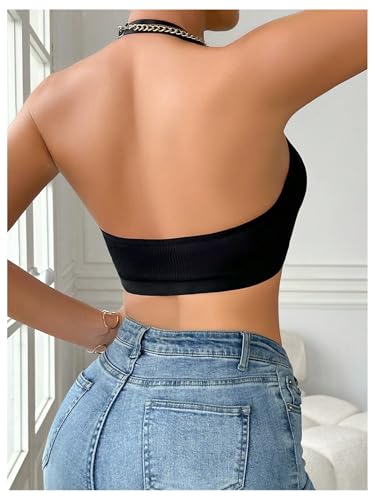 OYOANGLE Women's Lace Trim Front Closure Bralette Halter Neck Wireless Backless Knitted Casual Everyday Bras3