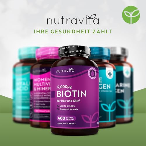 Biotin Hochdosiert 12000mcg, Haar Vitamine - 400 Vegan Biotin Tabletten für 1+ Jahr Vorat, Vitamin B7 - Haut Haare Nägel (EFSA) - Haarvitamine für Frauen - Hair Vitamins bei Nutravita