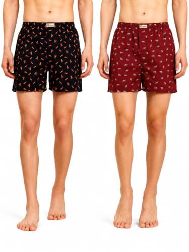 Image of B STORIES Bstories Men's Cotton Printed Boxer Shorts | Soft & Breathable Woven Cotton | Elastic Waist | Regular Fit | Comfortable Lounge & Sleepwear