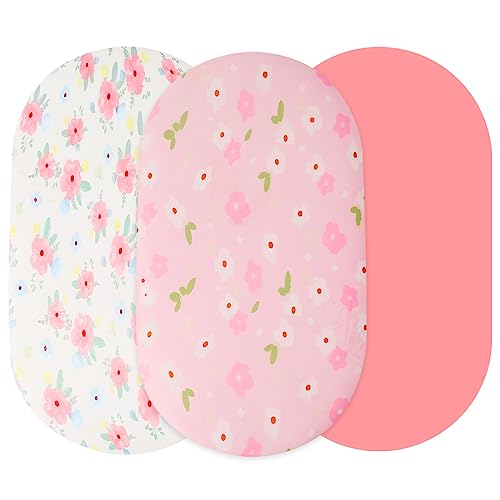 Image of Baby Bassinet Sheets Stretchy Soft for Oval Hourglass Rectangular Bassinet Mattress Pad, Stylish Boho Mattress for Baby Bassinet Mini Crib Sheets 3 Pack