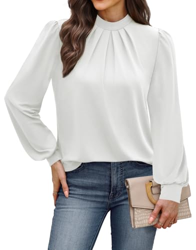 Image of WIHOLL Long Sleeve Shirts for Women Mock Neck Tops Pleated Front Blouses Dressy Casual Spring Fall Clothes 2026 Fashion